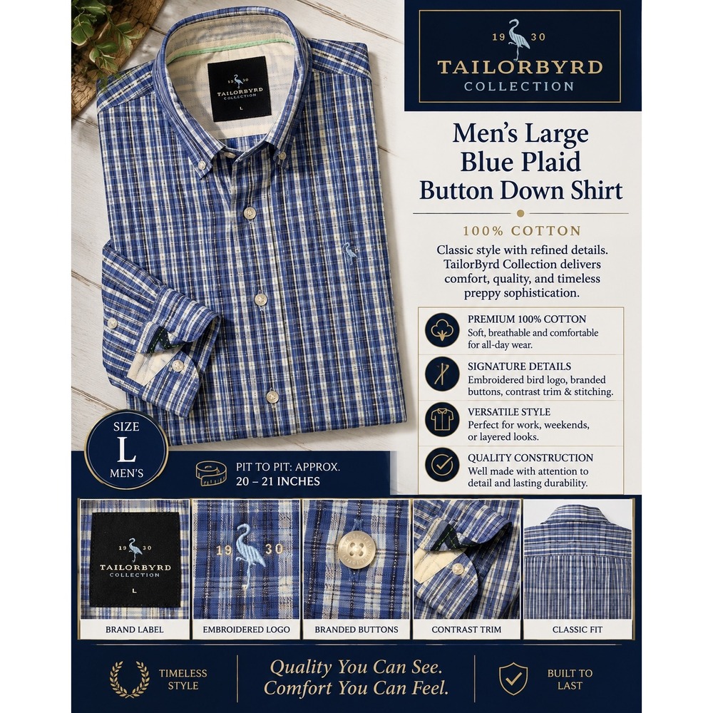 TailorByrd Collection Men's Large Blue Plaid 100% Cotton Button Down Shirt L